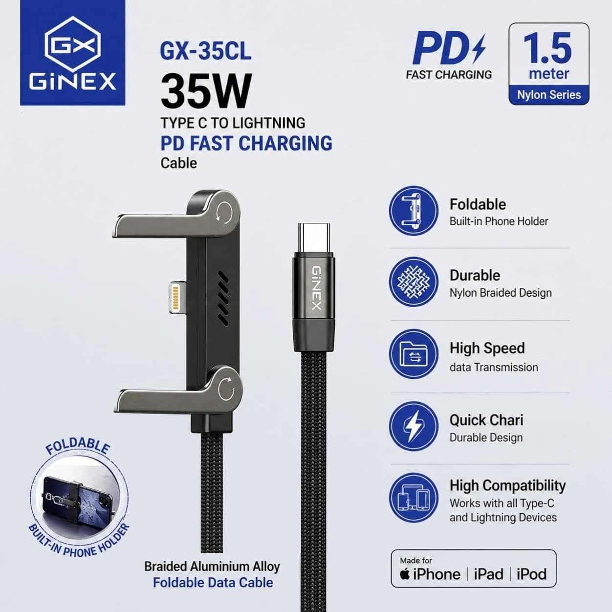 GINEX GX-35CL 35W Type-C to Lightning PD Fast Charging Cable